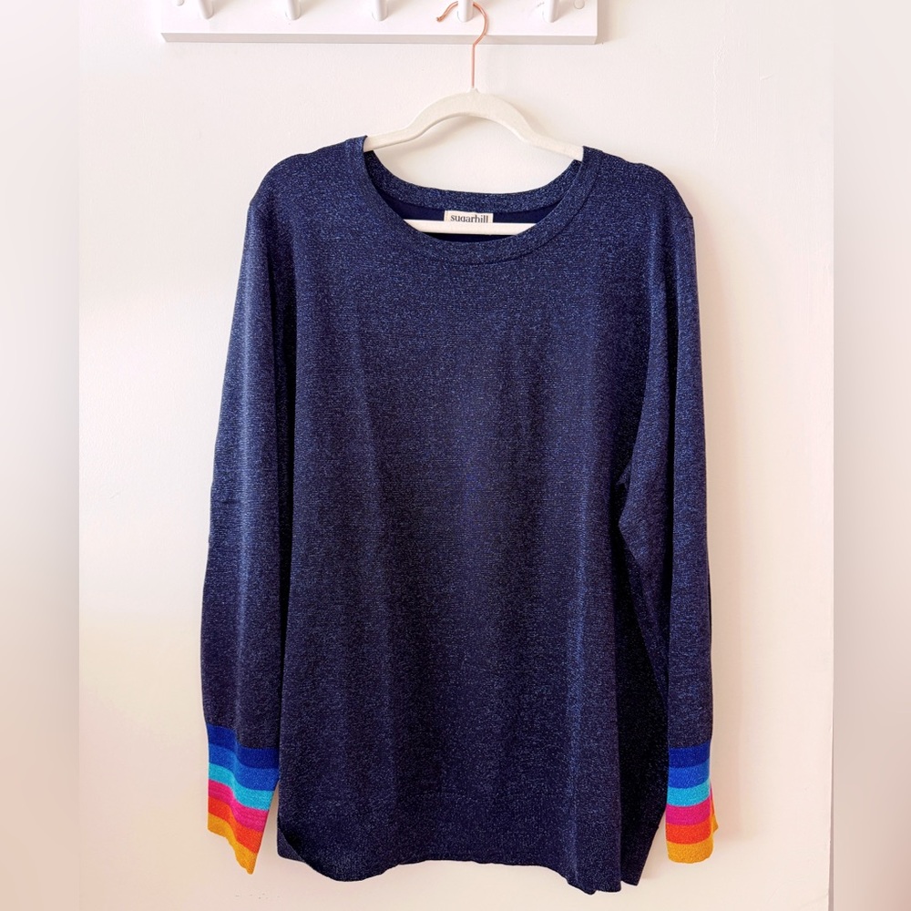 Sugarhill Brighton Shimmering Blue Sweater with Rainbow Cuffs